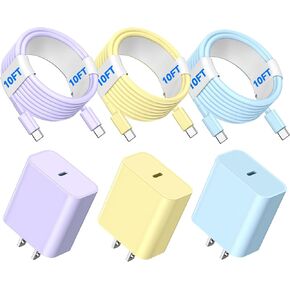 Compatible with iPhone 16 15,USB C to USB C Cable 3Pack 60W Type C to Type C Cable,Fast Charge 10FT Long Cablee,for Phone16 15Pro Plus Pro Max,for S24 S23, for Pad Pro and More-Purple/Yellow/Blue