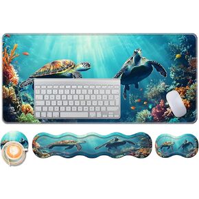 Keyboard Wrist Rest and Mouse Pad Set,31.5x11.8 Inches Desk Mat,Waterproof Non-Slip Ergonomic Wrist Support for Pain Relief,Extended Desk Protector for Office Home,Sunflower Highland Cow