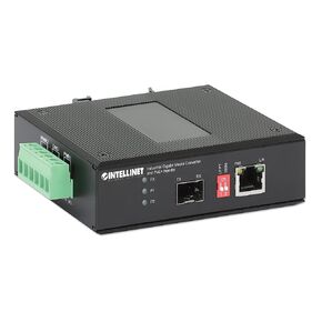 Intellinet Industrial Gigabit Media Converter & PoE+ Injector–Up to 30W for 1 PD, Handles Extreme Temps, IP40 Metal Housing, DIN-Rail Mountable, 10/100/1000Base-TX RJ45 to SFP–3 Yr Mfg Warranty-508988