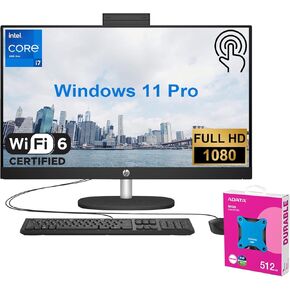 HP Essential Premium All-in-One Desktop, 27" FHD Touchscreen, Intel Core i7-1355U, 32GB RAM, 2TB PCIe SSD, Wi-Fi 6, Wired Keyboard & Mouse, Windows 11 Pro, Black, Bundle with Adata 512GB External SSD