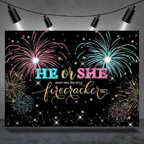 Firecracker Theme Gender Reveal Backdrop He or She Firework Blue or Pink Boy or Girl Stars Photography Background Banner Party Decorations Supplies Favors Photo Booth Studio Props 7x5ft