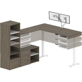 Bestar Viva L-Shaped Standing Desk with Dual Monitor Arm and Storage, 72W, Walnut Grey and White, Table Workstation for Personal Home Office Workspace