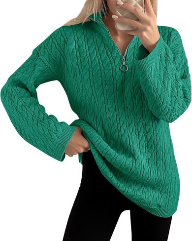 Imily Bela Womens Cable Knit Half Zip Sweater V Neck Collared Fall Trendy Oversized Long Sleeve Pullover Tops in Kuwait