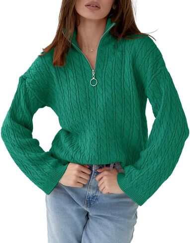 Imily Bela Womens Cable Knit Half Zip Sweater V Neck Collared Fall Trendy Oversized Long Sleeve Pullover Tops in Kuwait