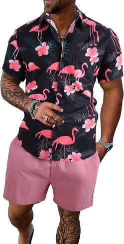 Floerns Men's Two Piece Outfit Printed Shirt Top and Drawstring Waist Shorts Set Khaki Plant X-Large in Saudi Arabia