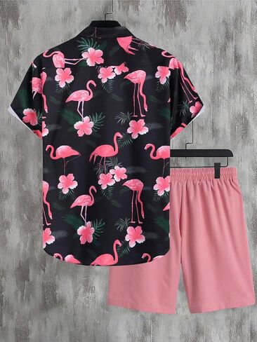 Floerns Men's Two Piece Outfit Printed Shirt Top and Drawstring Waist Shorts Set Khaki Plant X-Large in Saudi Arabia