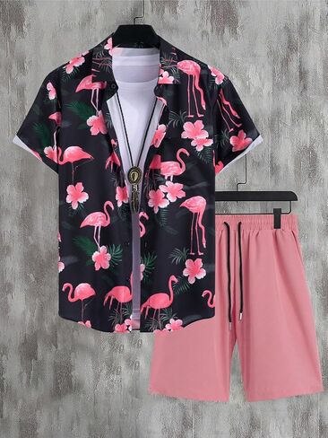 Floerns Men's Two Piece Outfit Printed Shirt Top and Drawstring Waist Shorts Set Khaki Plant X-Large in Saudi Arabia