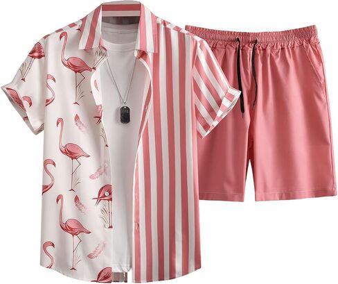 Floerns Men's Two Piece Outfit Printed Shirt Top and Drawstring Waist Shorts Set Khaki Plant X-Large in Saudi Arabia