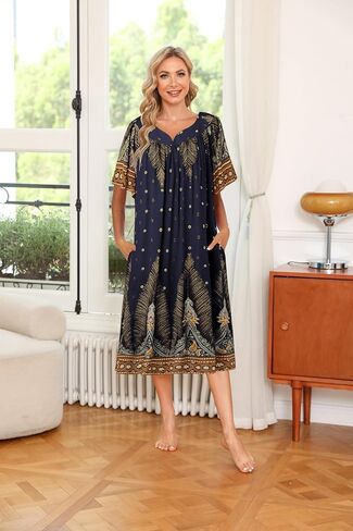 Ekouaer House Dress for Women Plus Size Mumu Dresses Summer Lounge Dresses Duster Housecoats Elderly Moo Moo Patio Dress Florar Nightgown Navy M in Saudi Arabia