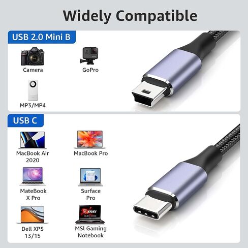 USB C to Mini USB Cable 3FT, [Aluminum Shell, Braided] Durable Mini-B 5-Pin to Type-C Data Charging Charger OTG Cord for Hero 3+, PS3 Controller, Canon Nikon Camera, GPS, Blue Yeti in Saudi Arabia