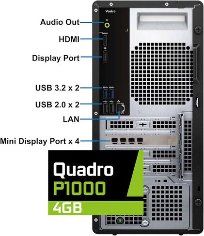 Dell Vostro 3030 Tower Desktop Computer ، Intel Core I7-12700KF ، 64GB RAM ، 2TB NVME SSD ، NVIDIA QUADRO P1000 4GB ، DisplayPort ، HDMI ، WI-FI ، بنيت في WIFI ، Bluetooth ، Windows 11 Pro-Copilot ، Black in Kuwait