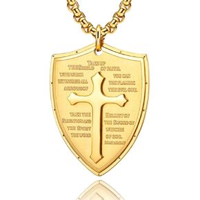 Yaumatea Armor of God Shield of Faith Strength Cross Pendant Necklace for Men Bible Verse Ephesians 6:16-17 Amulet Protection Religious Gifts Stainless Steel 24 inches (Shield Cross, Silver) in Kuwait