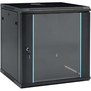 12U Wall-Mounted Network Cabinet, 19" Standard Compatible, Lockable Glass Door, Steel Construction, Black