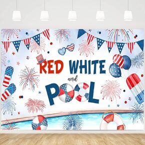 MEHOFOND Red White and Pool Backdrop 4th of July Party Photography Background Independence Day DecorationsSummer Pool Party Banner Photo Props 6x3.6ft