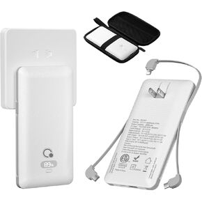 Brand Q 10000mAh Portable Charger with Built-in Cables and AC Wall Plug, USB C Fast Charging Power Bank with 3 Cords,5 Output External Battery Pack Compatible with iPhone,Tablet and All Smart Phones