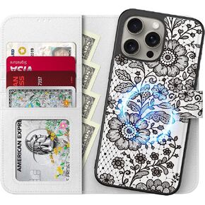 FUNMIKO for iPhone 15 Pro Max Detachable Wallet Case with Card Holder + Cash Clip, PU Leather Flip Folio Kickstand, RFID-Blocking, Wireless Charging & UV-Printed Artwork - Graceful Lace Floral