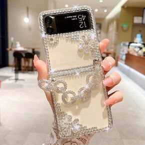 Omio for Samsung Galaxy Z Flip 4 Case Cute for Women Girls Luxury 3D Handmade Sparkle Rhinestone Pearl Strap Chain Bracelet Flowers Crystal Diamond Bling Glitter Slim Hard PC Shockproof Cover, Pearl
