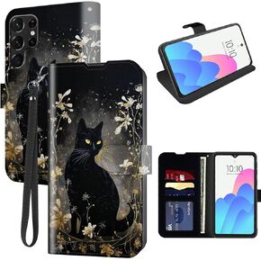 FUYOCWE for Samsung S22 Ultra Case Wallet for Galaxy S22 Ultra 5G Phone Case with Card Holder,PU Leather Folding Kickstand Magnetic Snap Flip Cover Case w/Wrist Strap-Black Cat with Gold Floral