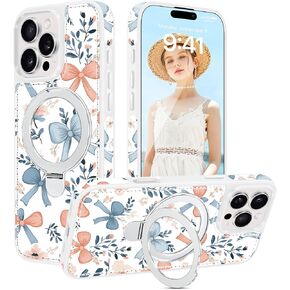 Fingic Magnetic Case for iPhone 16 Pro Max Case[Compatible with Mag-Safe] Cute Stylish Floral Flowers Bow Tie Aesthetic Slim Invisible Kickstand PU Leather Protective Shockproof Cover for Women Girls