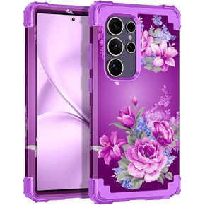 LONTECT for Galaxy S24 Ultra 5G Case Shockproof 3 in 1 Heavy Duty Rugged Hybrid Sturdy High Impact Drop Protective Cover Flower Case for Samsung Galaxy S24 Ultra 5G 2024,Sky Blue