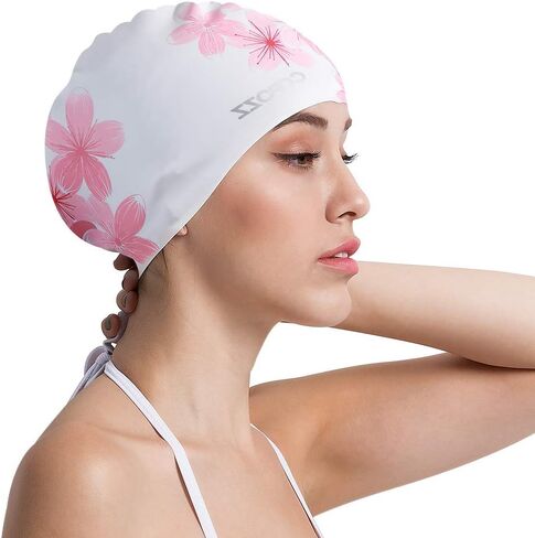 COPOZZ Adult Swim Cap, Silicone Waterproof Swimming Caps Stretchable Bathing Cap Comfortable Swimming Hat for Adults Youth Women Girls (Silver Swan) in Saudi Arabia