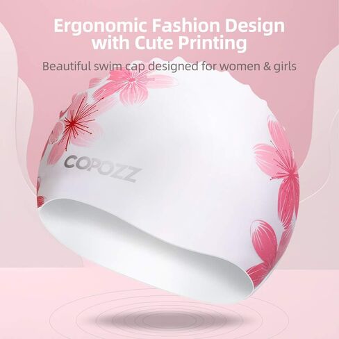 COPOZZ Adult Swim Cap, Silicone Waterproof Swimming Caps Stretchable Bathing Cap Comfortable Swimming Hat for Adults Youth Women Girls (Silver Swan) in Saudi Arabia