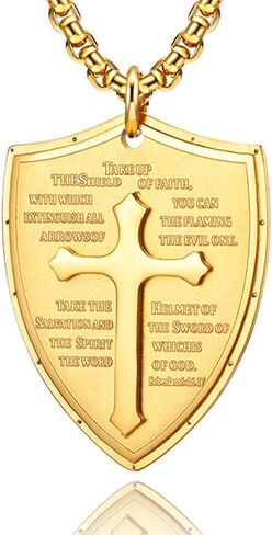 Yaumatea Armor of God Shield of Faith Strength Cross Pendant Necklace for Men Bible Verse Ephesians 6:16-17 Amulet Protection Religious Gifts Stainless Steel 24 inches (Shield Cross, Silver) in Kuwait