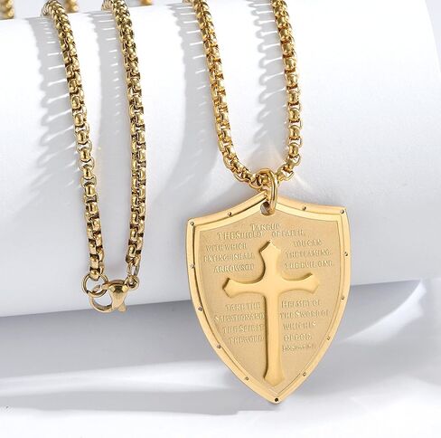Yaumatea Armor of God Shield of Faith Strength Cross Pendant Necklace for Men Bible Verse Ephesians 6:16-17 Amulet Protection Religious Gifts Stainless Steel 24 inches (Shield Cross, Silver) in Kuwait