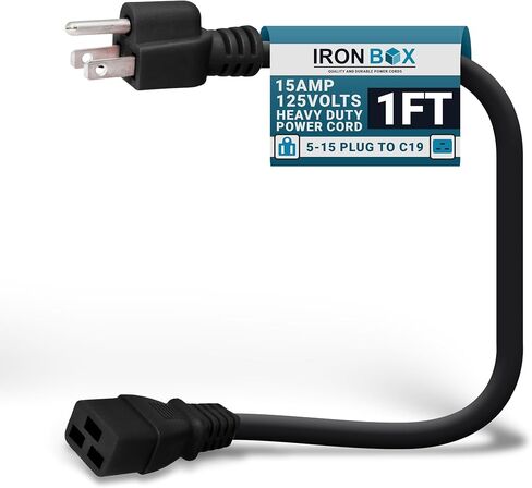 IronBox Electric - Heavy Duty 5-15P to C19 Power Cord - 15A, 125V, 14/3 SJT Jacket - Computer Power Supply Extension Cords - PSU Wire Connectors - Versatile for Home and Office Use(Black, 1 Foot) in Saudi Arabia