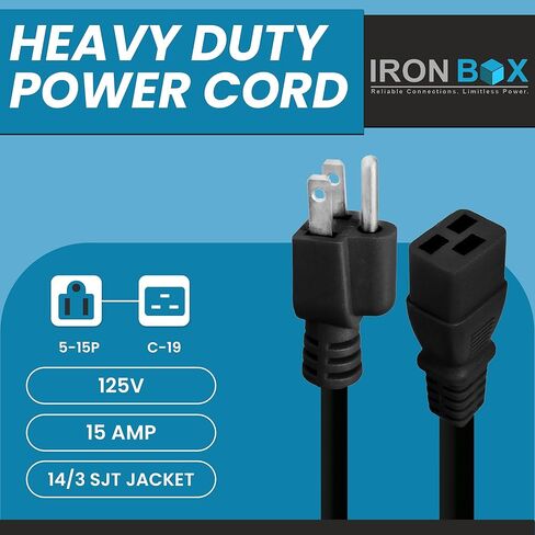 IronBox Electric - Heavy Duty 5-15P to C19 Power Cord - 15A, 125V, 14/3 SJT Jacket - Computer Power Supply Extension Cords - PSU Wire Connectors - Versatile for Home and Office Use(Black, 1 Foot) in Saudi Arabia