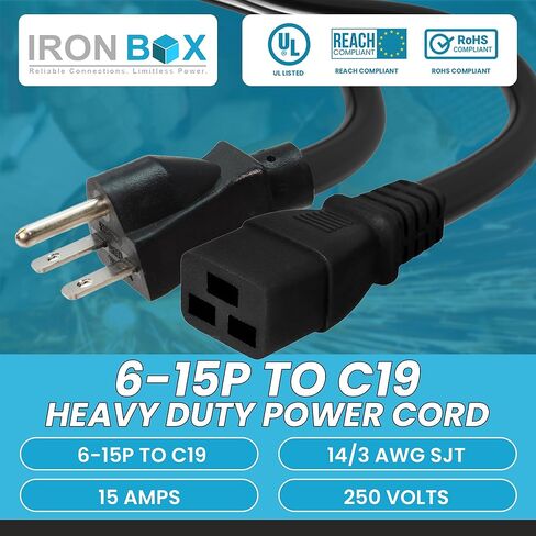 Ironbox Electric - سلك الطاقة الثقيل إلى C19 - تم تقييمه لـ 15A/250V ، 12/3 AWG SJT سترة - كابل طاقة متين للخوادم ، PDU ، معدات تكنولوجيا المعلومات - مثالية لمراكز البيانات والمكاتب (6 أقدام ، مصبوب) in Saudi Arabia