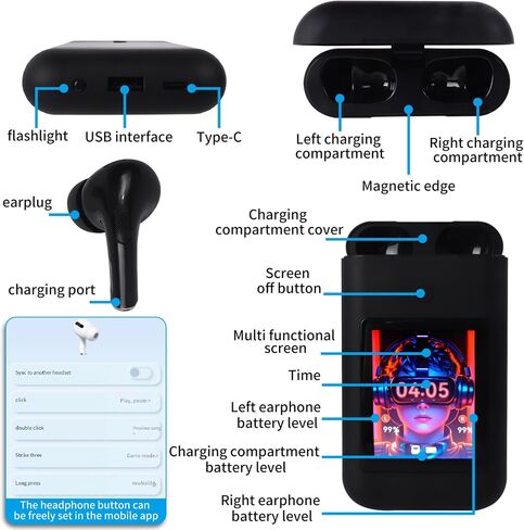سماعات الأذن اللاسلكية Bluetooth 5.3 سماعات الرأس ، براعم الأذن الطويلة مع MIC مقاومة للماء في سماعات الأذن شحن علبة شاشة متعددة اللمنة LED لأجهزة Android iOS Sport ، Black in Kuwait
