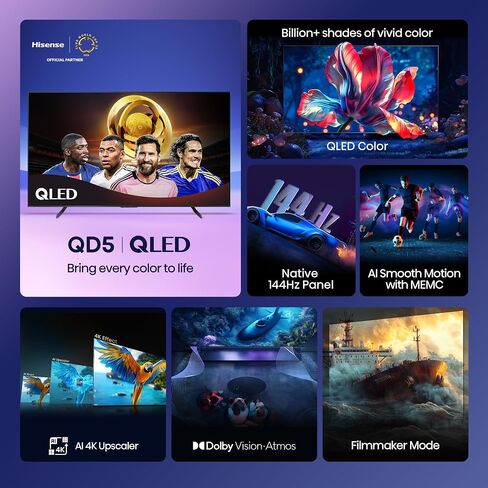 Hisense 98" Class QD5 Series (98QD5QG, 2025 Model) QLED 4K UHD Smart Google TV, Native144Hz, Dolby Vision Atmos, Motion Rate 480, HDR 10+, FreeSync Premium, Game Mode Pro, MEMC, VRR, ALLM in Saudi Arabia