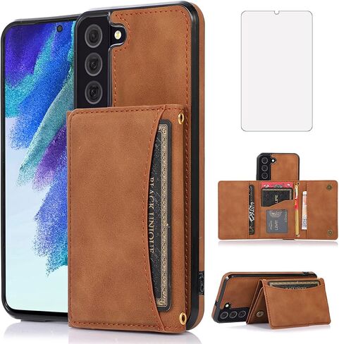 تصميم NKECXKJ لـ Samsung Galaxy S22 5G Wallet Case with Glass Glass Screen Protector Pu Leather Card Card Slot Slot Phone Phone Cover Kickstand Froofchproof Cover for Men 6.1 Inch Black in Kuwait