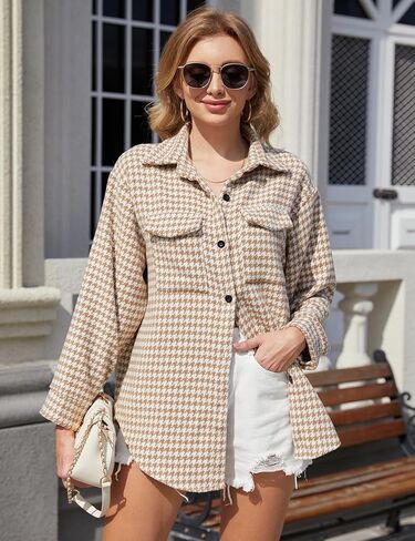 Yimoon Plaid Jacket Women Casual Houndstooth Jacket Flannel Shacket Loose Long Sleeve Shirt Button Down Shacket With Pockets in Kuwait
