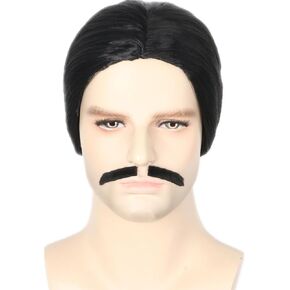 Topcosplay Men's Wigs Black Short Cosplay Halloween Costume Party Wigs Slicked-back Wig with Mustache in Kuwait