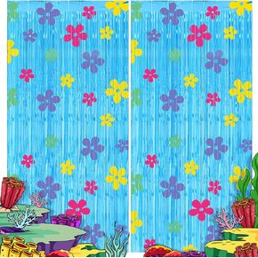 Breling 4 Pcs Sponge Birthday Party Decorations Foil Fringe Photo Backdrop Decor Blue Foil Fringe Curtains Backdrop Flower Decor for Cartoon Birthday Decorations Photo Prop Sponge Party Supplies
