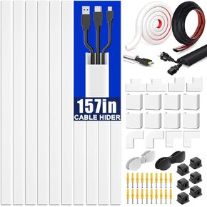 Cord Hider Self-Adhesive 157in(10x L15.7) Cord Covers for Wall Mounted TV Wires on Wall Cable Hider Wall Kit Cable Management Organizer with 78in Wall Cord Hider 6ft Floor Cord Cover-White
