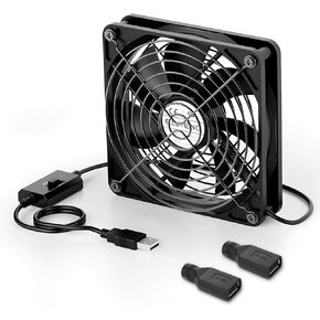 Eluteng Computer Fan USB 120mm مع DC إلى محولات أنثى USB ، 3 سرعات قابلة للتعديل PC Fans 5V مروحة تبريد إلكترونيات مع الشواية المعدنية لجهاز الكمبيوتر المحمول/مربع/AV خزانة/PS5/PS4/جهاز التوجيه/العرض ، الأسود