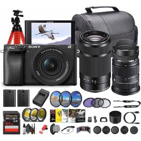 Sony Alpha a6100 Mirrorless Camera with 16-50mm OSS II Lens and 55-210mm Zoom Lenses (ILCE6100XB) + Sigma 18-50mm Lens + Photography Software + 64GB Memory Card + NP-FW50 Battery + Camera Bag + More