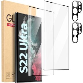 [2+2 Pack Screen Protector for Galaxy S22 Ultra 5G,2 Pack Tempered Glass Screen Protector+2 Pack Tempered Glass Camera Lens Protector,3D Curved,9H Tempered Glass,Touch Sensitive