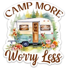 Camp More Worry Less Sticker, Wilderness Nature Travel Stickers for Happy Camper, Camping Waterproof Vinyl Stickers for Water Bottle Tumbler Phone Laptop, Outdoor Adventure Camping Decals