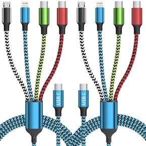 Travel Dual Type-C 4 in 1 Charging Cable 5FT USB C Multi Charging Cable,Multi Charging Cable for Multiple Devices,Multi USB Cable Adapter 2 USB-C/IP/Micro Port for Phones Tablets Galaxy PS & More