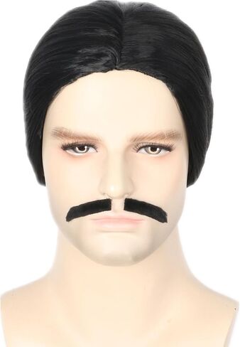 Topcosplay Men's Wigs Black Short Cosplay Halloween Costume Party Wigs Slicked-back Wig with Mustache in Kuwait