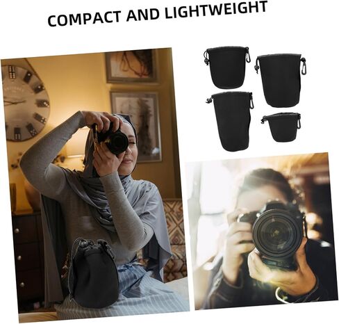 Mikikit 4Pcs Camera Lens Storage Pouch Set Elastic Neoprene Lens Bag for DSLR Mirrorless Lenses Protective Case with Hooks for Easy Carrying and Storage in Saudi Arabia