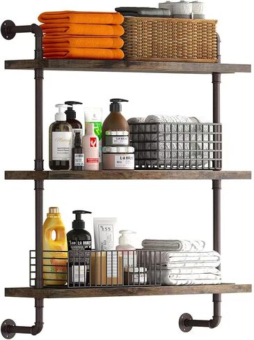 Helsin 2 Tier Industrial Pipe Floating Bathroom Shelves, 16inch Rustic Wood Wall Mounted Shelf, Storage Rack Sundries Holder for Kitchen Office Bathroom Organization & Home Décor in Saudi Arabia