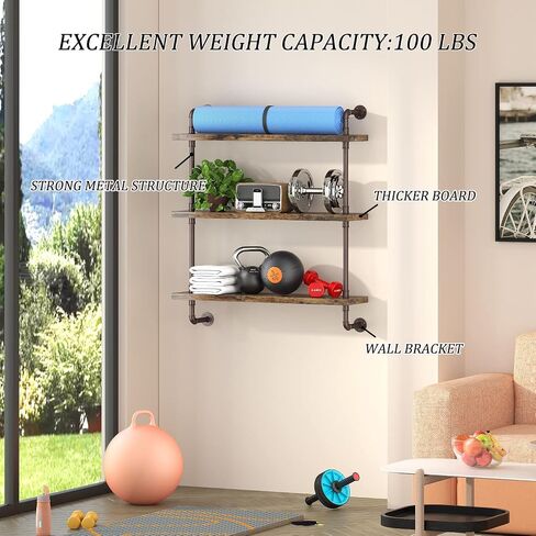 Helsin 2 Tier Industrial Pipe Floating Bathroom Shelves, 16inch Rustic Wood Wall Mounted Shelf, Storage Rack Sundries Holder for Kitchen Office Bathroom Organization & Home Décor in Saudi Arabia
