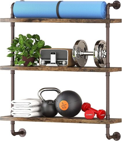 Helsin 2 Tier Industrial Pipe Floating Bathroom Shelves, 16inch Rustic Wood Wall Mounted Shelf, Storage Rack Sundries Holder for Kitchen Office Bathroom Organization & Home Décor in Saudi Arabia