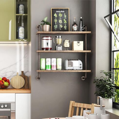 Helsin 2 Tier Industrial Pipe Floating Bathroom Shelves, 16inch Rustic Wood Wall Mounted Shelf, Storage Rack Sundries Holder for Kitchen Office Bathroom Organization & Home Décor in Saudi Arabia