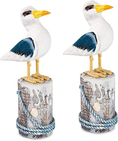 EVINIS Wooden Seagull Figurine, 2 Pcs Hand Painted Nautical Sea Bird Statue Coastal Beach Home Decor Rustic Vintage Creative Indoor Art for Table Desk Office Bird Decor in Kuwait